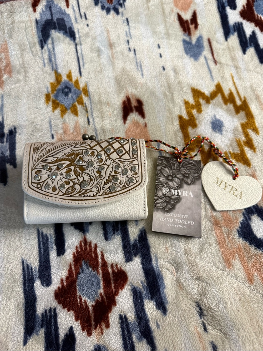 Myra Bag Cream Hand-Tooled Floral Wallet with Rhinestone Accents